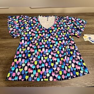 Lulu B UPF 50 Puff Sleeve Cooling Top Wine Glass Print Size Small NWT new resort